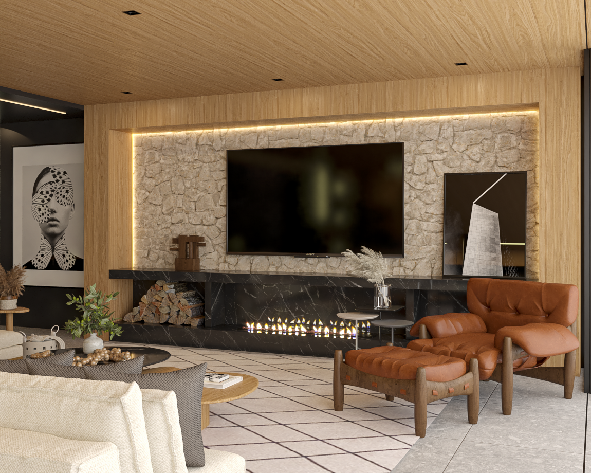 Uma sala de estar com paredes brancas decorada com móveis e uma televisão e lareira (essa último abaixo da tv)