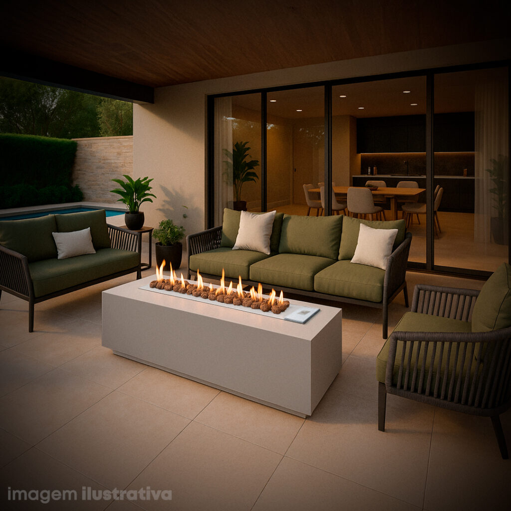 Lareira ao centro da área externa, com sofás e poltrona ao redor, piscina ao fundo à esquerda e vidro transparente revelando a sala de jantar e a cozinha internas.